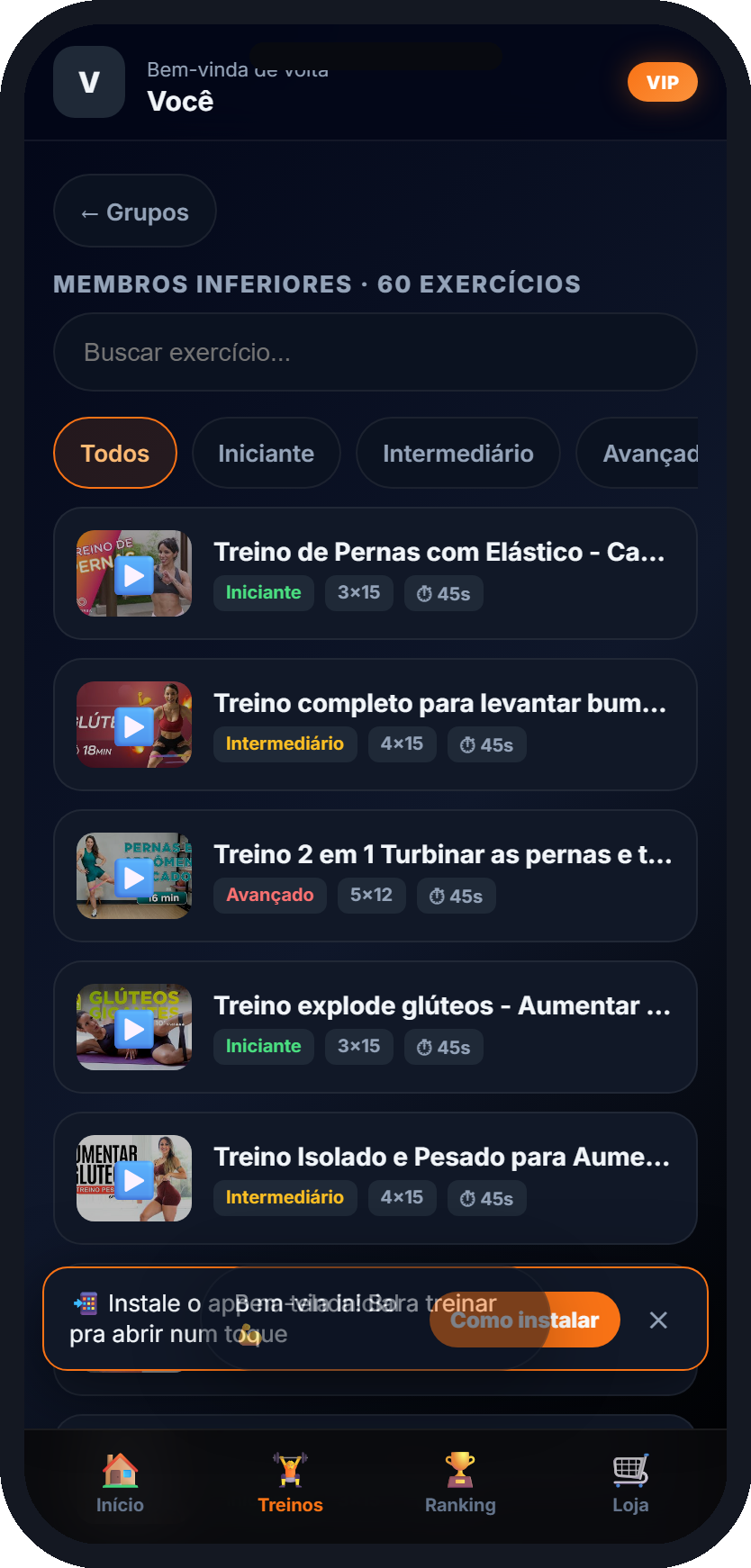 App Treino com Elásticos aberto no celular, com aulas em vídeo