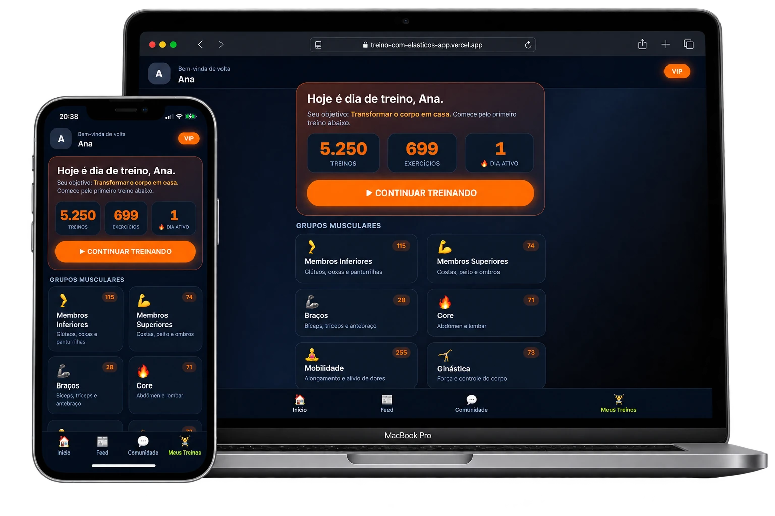 App Treino com Elásticos aberto no celular, com aulas em vídeo